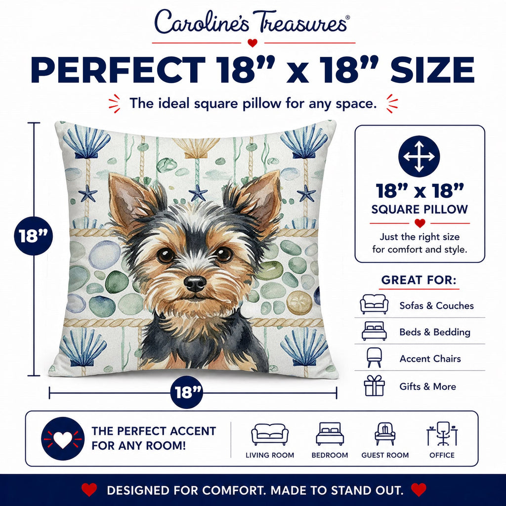 Black and Tan Yorkshire Terrier Coastal Sea Glass Decorative Throw Pillow 18x18 Indoor Outdoor Accent Cushion, Fabric Cover with Insert for Sofa, Bed, Porch & Living Room