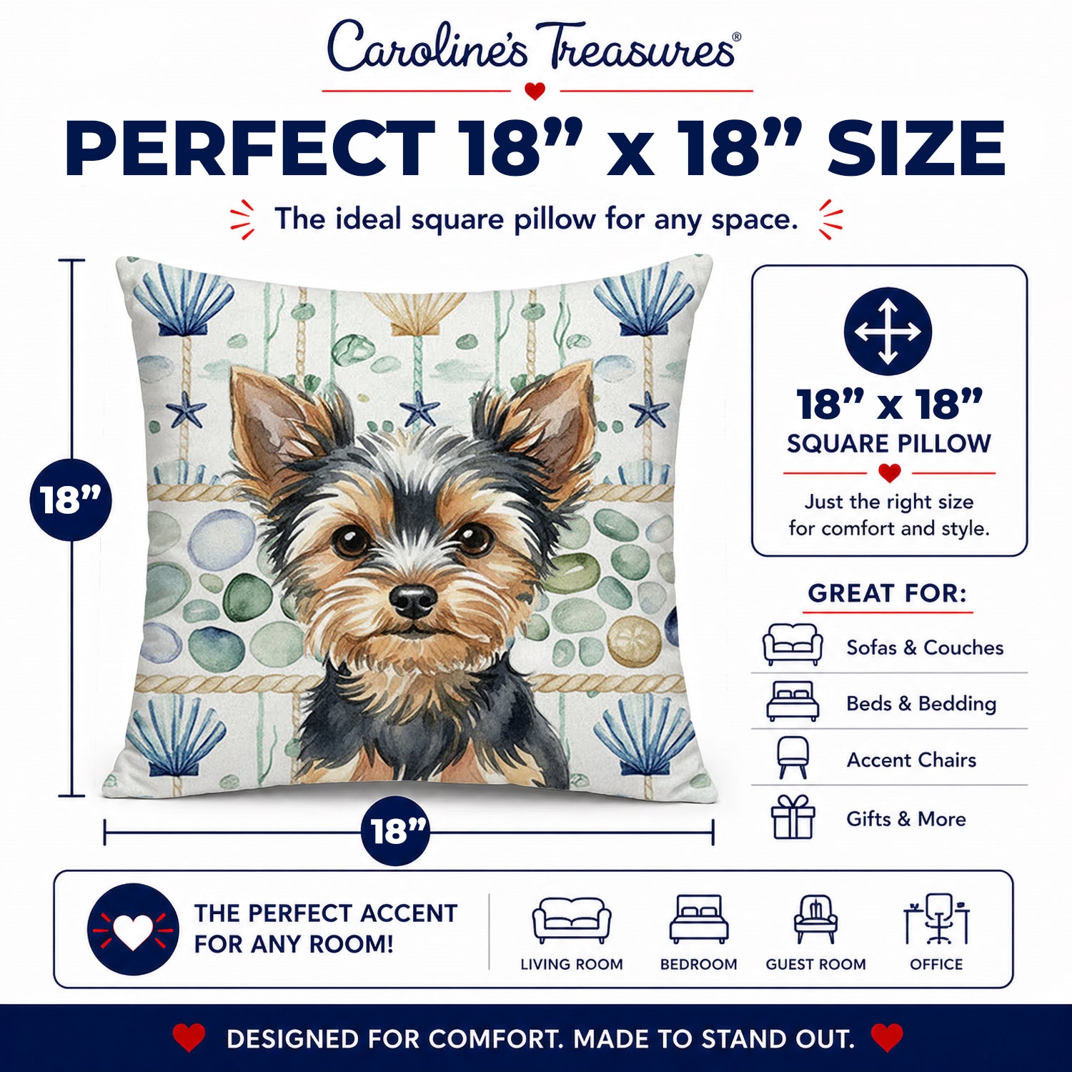 Black and Tan Yorkshire Terrier Coastal Sea Glass Decorative Throw Pillow 18x18 Indoor Outdoor Accent Cushion, Fabric Cover with Insert for Sofa, Bed, Porch & Living Room