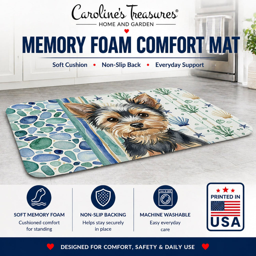 Black and Tan Yorkshire Terrier Coastal Sea Glass Memory Foam Kitchen Mat Machine Washable Anti-Fatigue Cushion Comfort Bath or Kitchen Rug