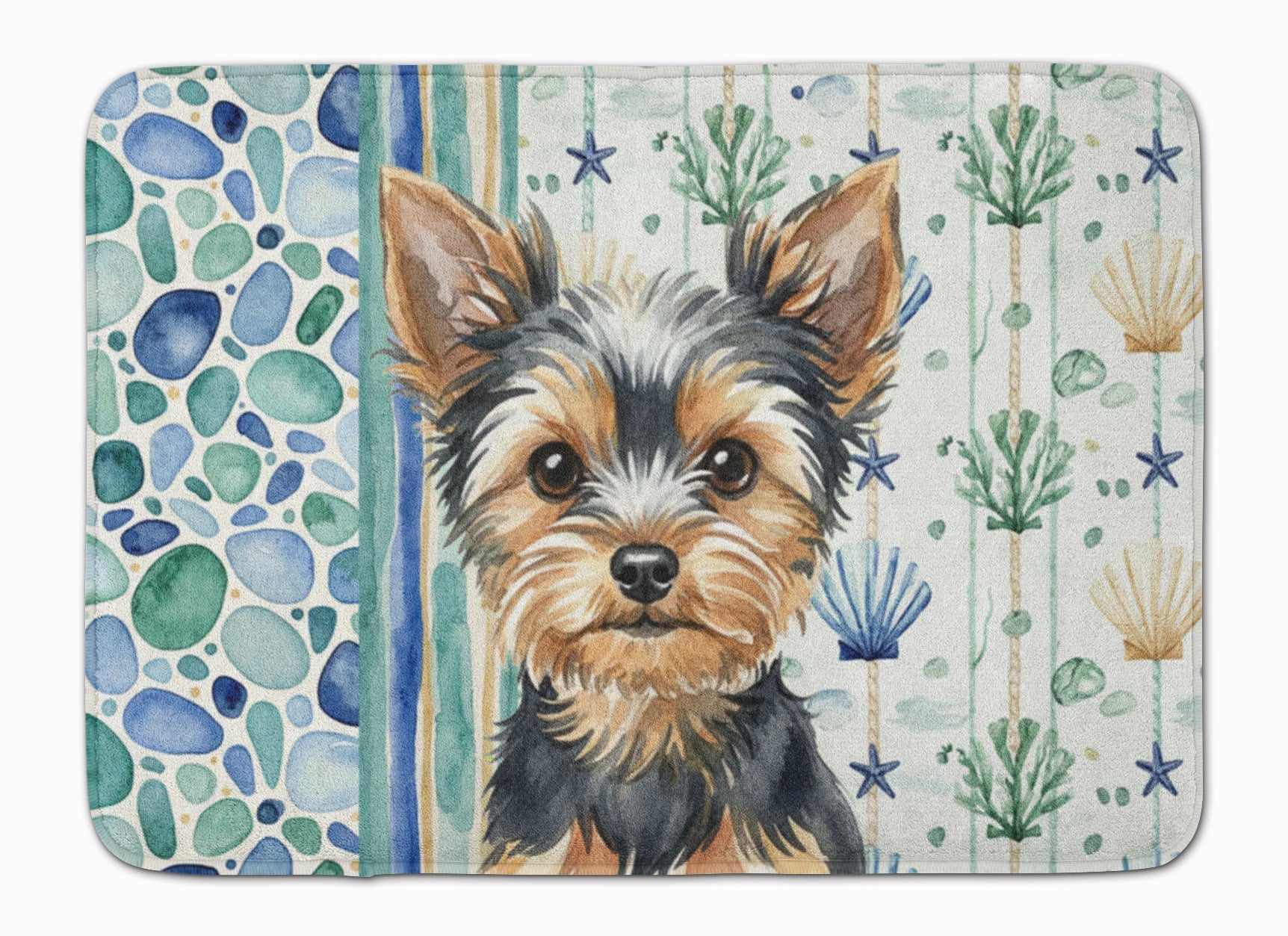 Black and Tan Yorkshire Terrier Coastal Sea Glass Memory Foam Kitchen Mat Machine Washable Anti-Fatigue Cushion Comfort Bath or Kitchen Rug