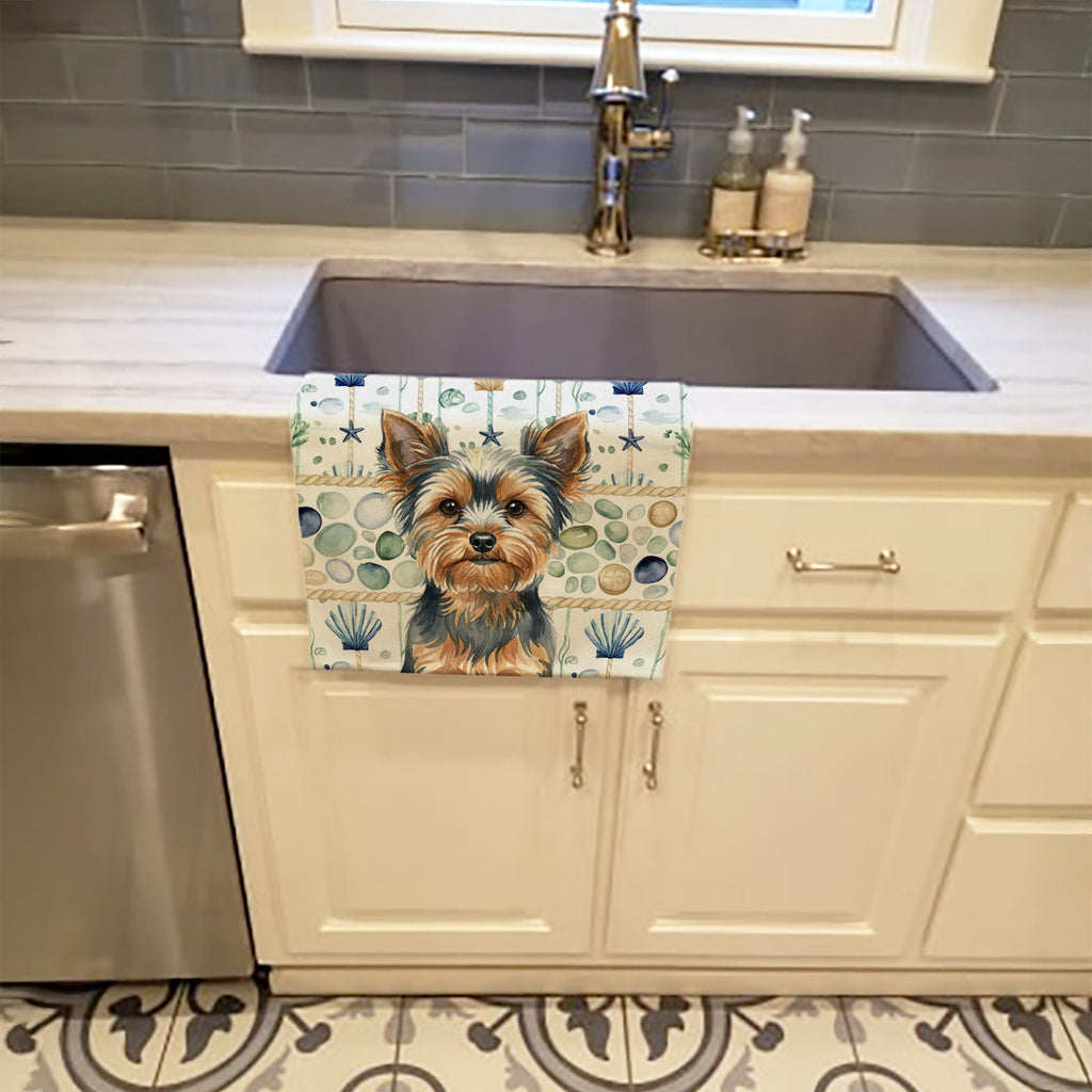 Blue and Tan Yorkshire Terrier Coastal Sea Glass Kitchen Towel Velour Plush Front and Cotton Loop Back Machine Washable