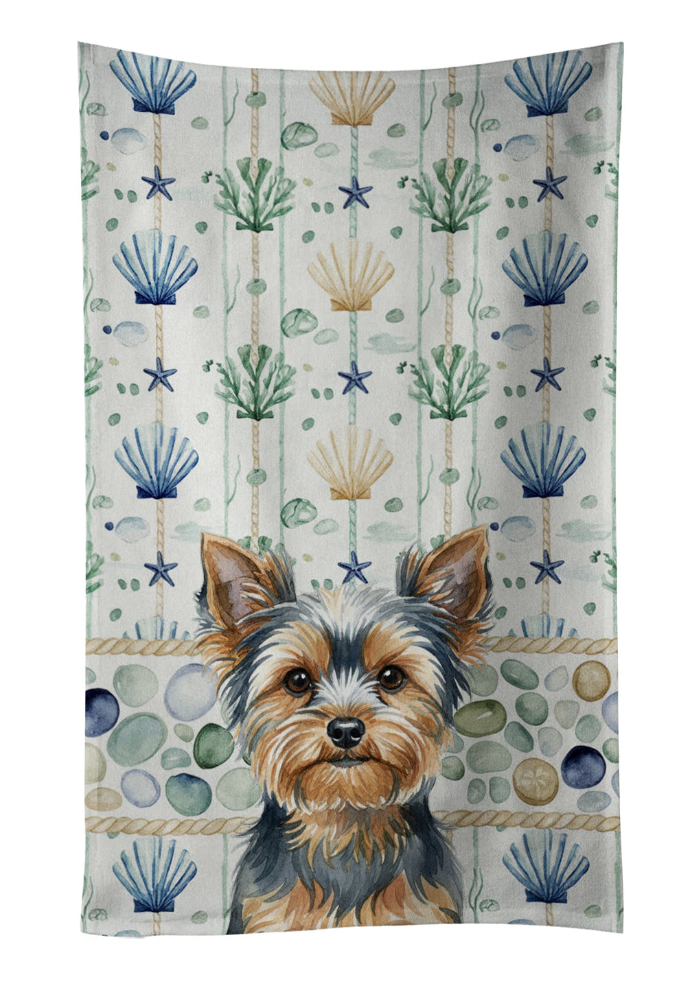 Blue and Tan Yorkshire Terrier Coastal Sea Glass Kitchen Towel Velour Plush Front and Cotton Loop Back Machine Washable