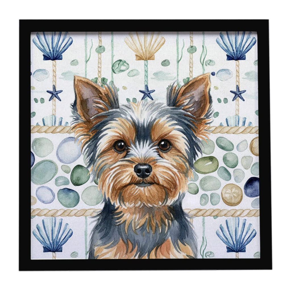 Blue and Tan Yorkshire Terrier Coastal Sea Glass Framed Metal Print Bathroom, Kitchen, Office, Home Decor Wall Art Ready to Hang, Square, 8X8