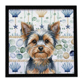 Blue and Tan Yorkshire Terrier Coastal Sea Glass Framed Metal Print Bathroom, Kitchen, Office, Home Decor Wall Art Ready to Hang, Square, 8X8