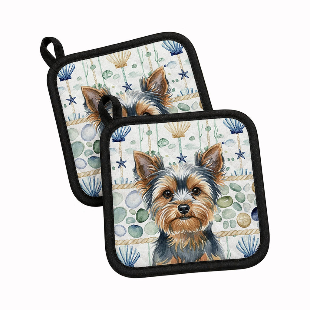 Blue and Tan Yorkshire Terrier Coastal Sea Glass Pot Holder Set of 2 Heat Resistant Quilted Hot Pads 7.5 x 7.5 Inch, Insulated Kitchen Trivets for Cooking & Baking