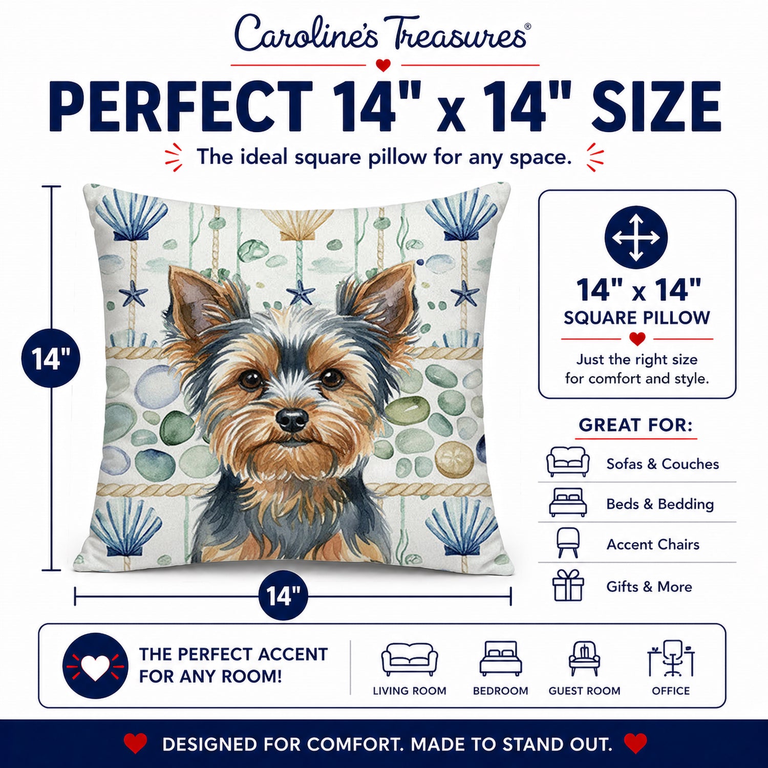 Blue and Tan Yorkshire Terrier Coastal Sea Glass Decorative Throw Pillow 14x14 Indoor Outdoor Accent Cushion, Fabric Cover with Insert for Sofa, Bed, Porch & Living Room