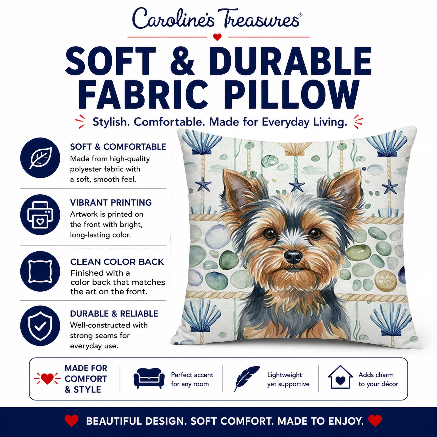 Blue and Tan Yorkshire Terrier Coastal Sea Glass Decorative Throw Pillow 18x18 Indoor Outdoor Accent Cushion, Fabric Cover with Insert for Sofa, Bed, Porch & Living Room