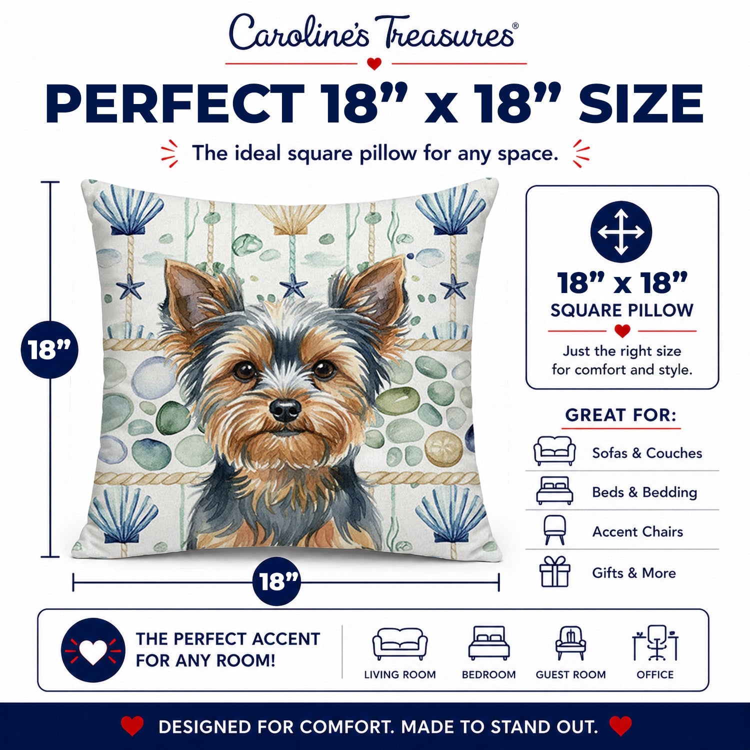 Blue and Tan Yorkshire Terrier Coastal Sea Glass Decorative Throw Pillow 18x18 Indoor Outdoor Accent Cushion, Fabric Cover with Insert for Sofa, Bed, Porch & Living Room