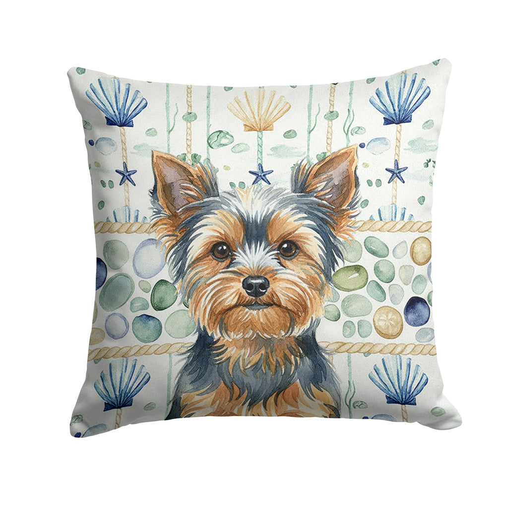 Blue and Tan Yorkshire Terrier Coastal Sea Glass Decorative Throw Pillow 18x18 Indoor Outdoor Accent Cushion, Fabric Cover with Insert for Sofa, Bed, Porch & Living Room