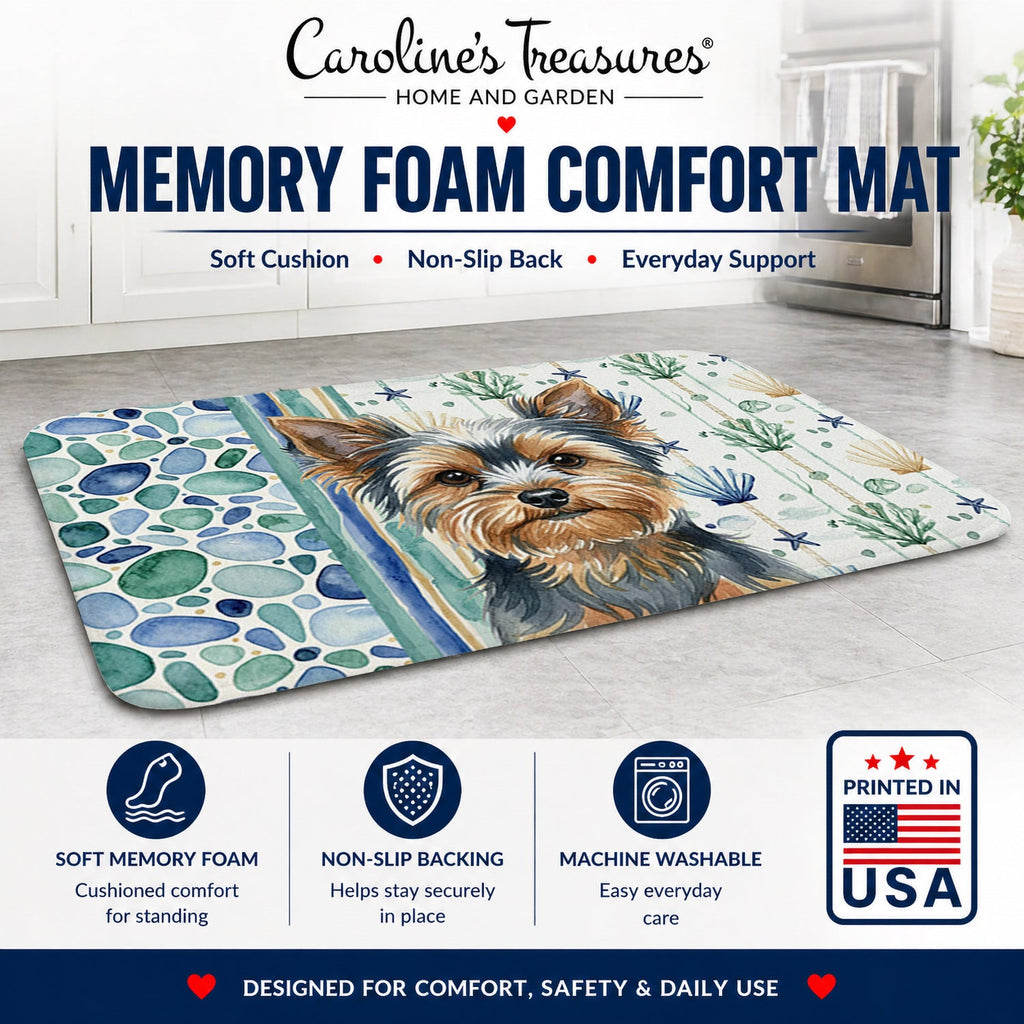Blue and Tan Yorkshire Terrier Coastal Sea Glass Memory Foam Kitchen Mat Machine Washable Anti-Fatigue Cushion Comfort Bath or Kitchen Rug