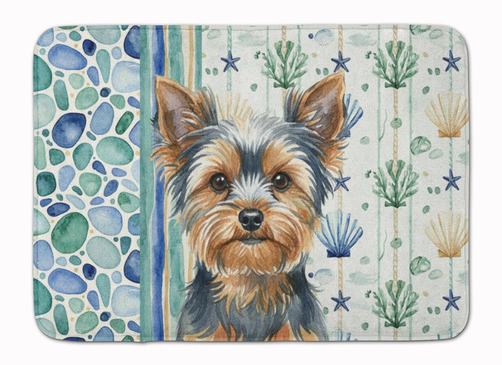 Blue and Tan Yorkshire Terrier Coastal Sea Glass Memory Foam Kitchen Mat Machine Washable Anti-Fatigue Cushion Comfort Bath or Kitchen Rug