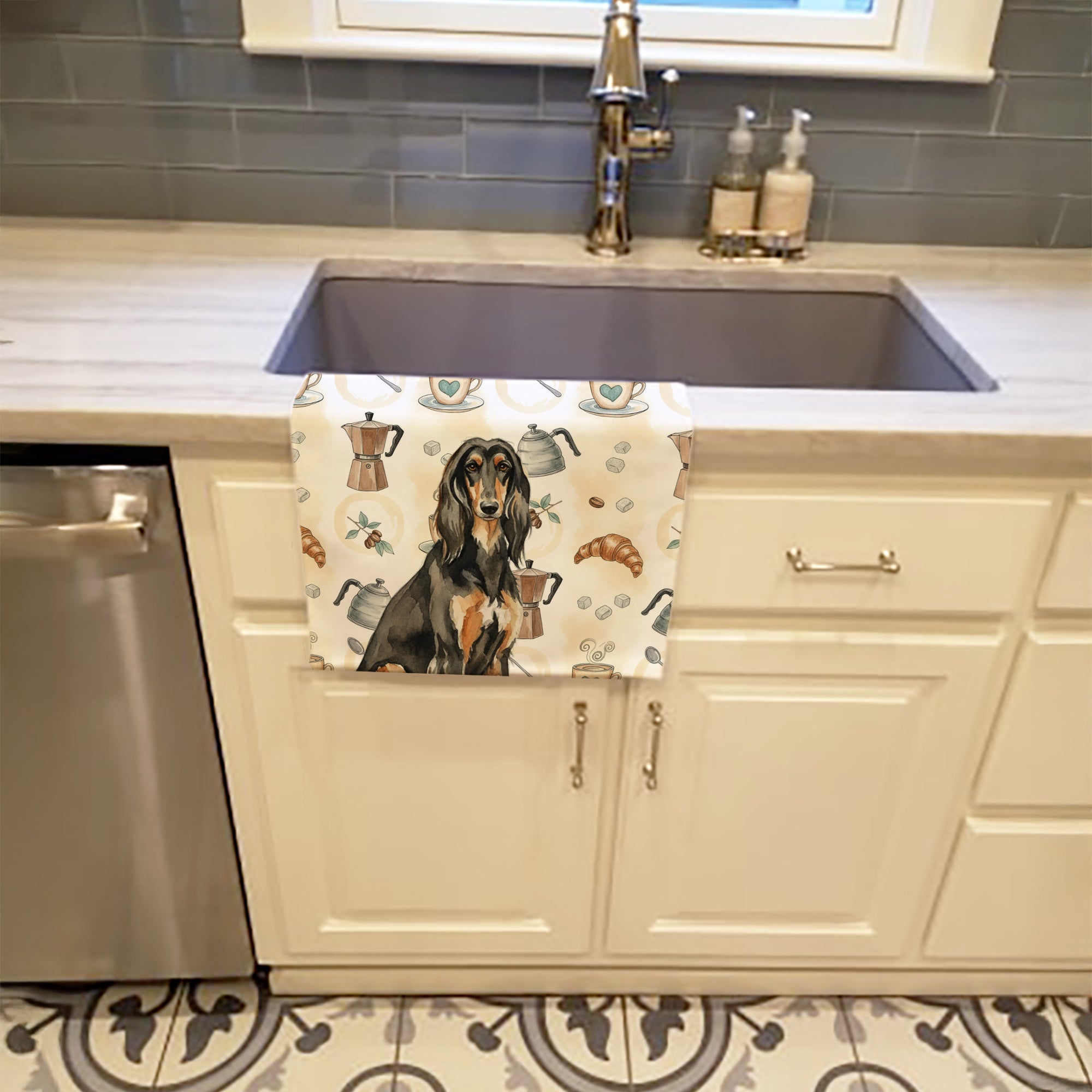 Black & Tan Afghan Hound Coffee Bar Kitchen Towel Velour Plush Front and Cotton Loop Back Machine Washable