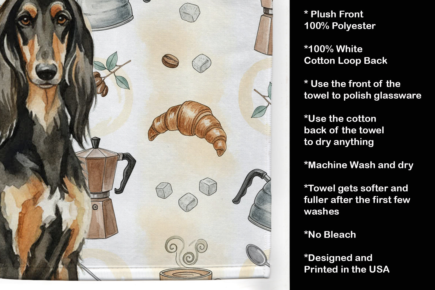 Black & Tan Afghan Hound Coffee Bar Kitchen Towel Velour Plush Front and Cotton Loop Back Machine Washable