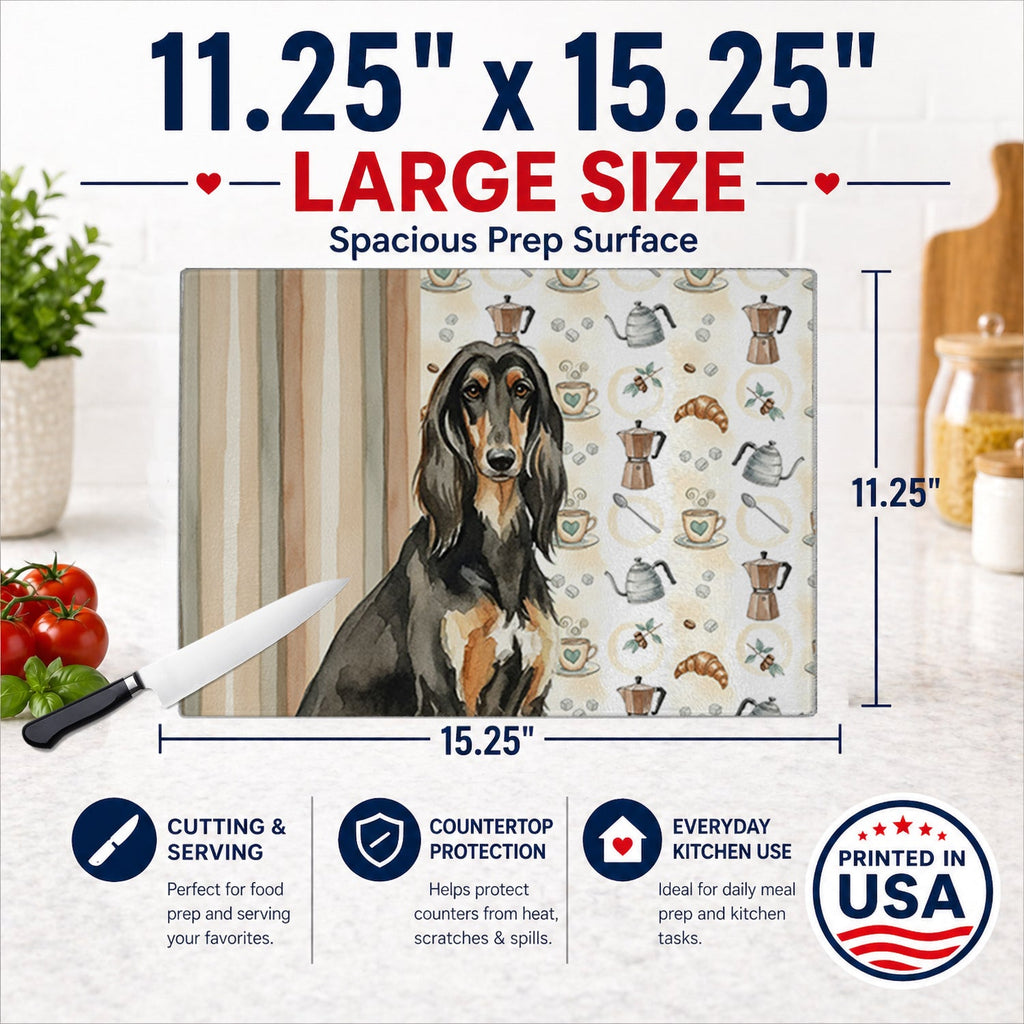 Black & Tan Afghan Hound Coffee Bar Cutting Board Tempered Glass Kitchen Cutting Surface, Heat Resistant Chopping, Non-Slip Feet, Food Prep & Serving