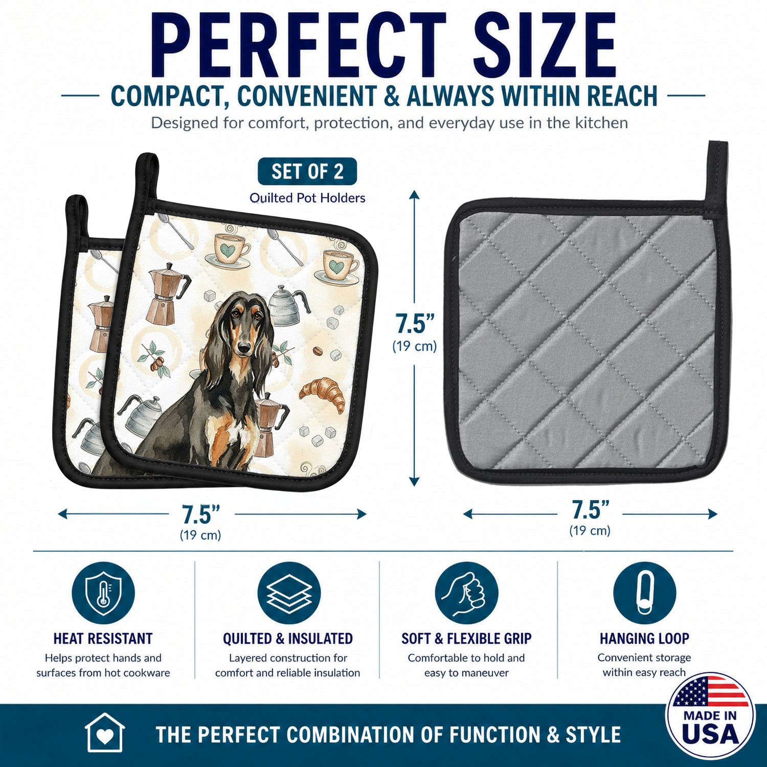 Black & Tan Afghan Hound Coffee Bar Pot Holder Set of 2 Heat Resistant Quilted Hot Pads 7.5 x 7.5 Inch, Insulated Kitchen Trivets for Cooking & Baking