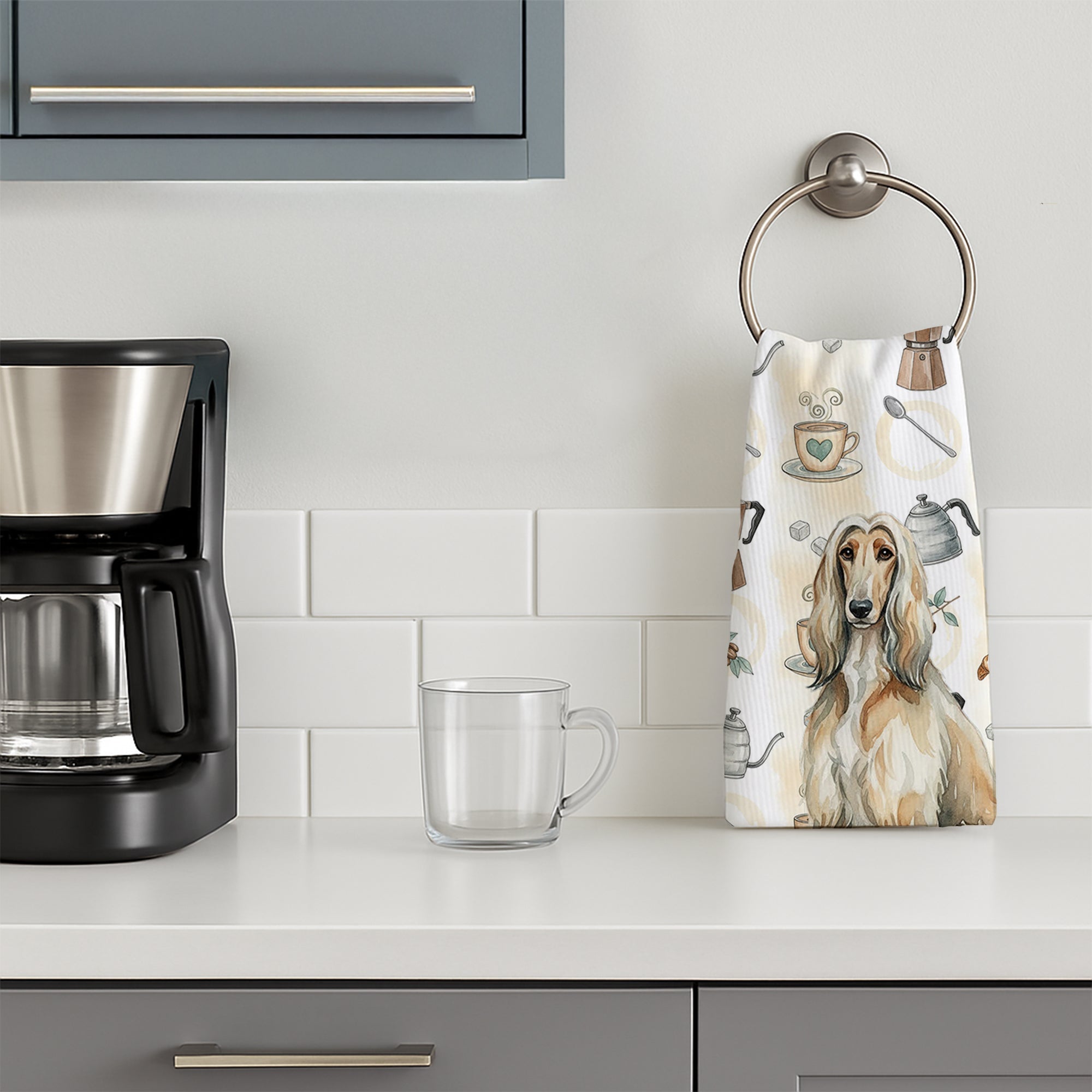 Afghan Hound Coffee Bar Kitchen Towel Velour Plush Front and Cotton Loop Back Machine Washable
