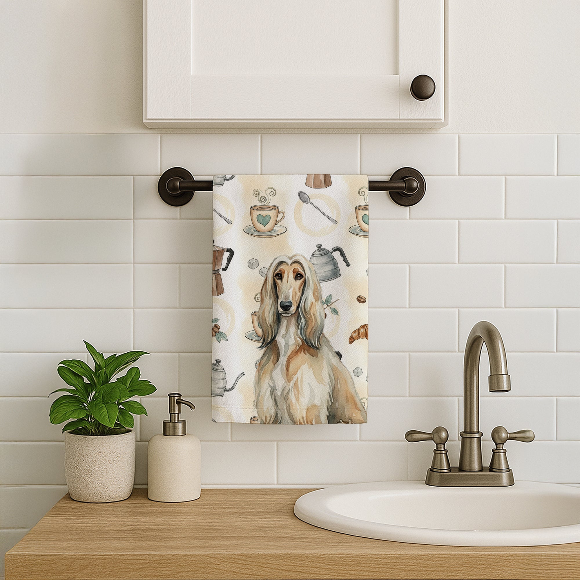 Afghan Hound Coffee Bar Kitchen Towel Velour Plush Front and Cotton Loop Back Machine Washable