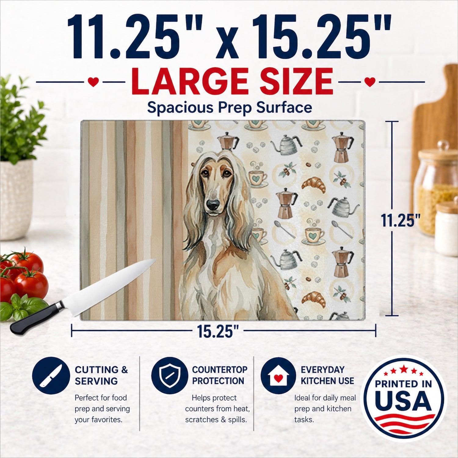 Afghan Hound Coffee Bar Cutting Board Tempered Glass Kitchen Cutting Surface, Heat Resistant Chopping, Non-Slip Feet, Food Prep & Serving