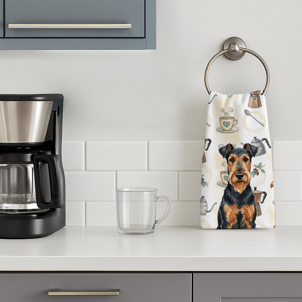 Airedale Terrier Coffee Bar Kitchen Towel Velour Plush Front and Cotton Loop Back Machine Washable