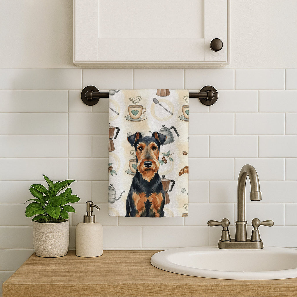 Airedale Terrier Coffee Bar Kitchen Towel Velour Plush Front and Cotton Loop Back Machine Washable