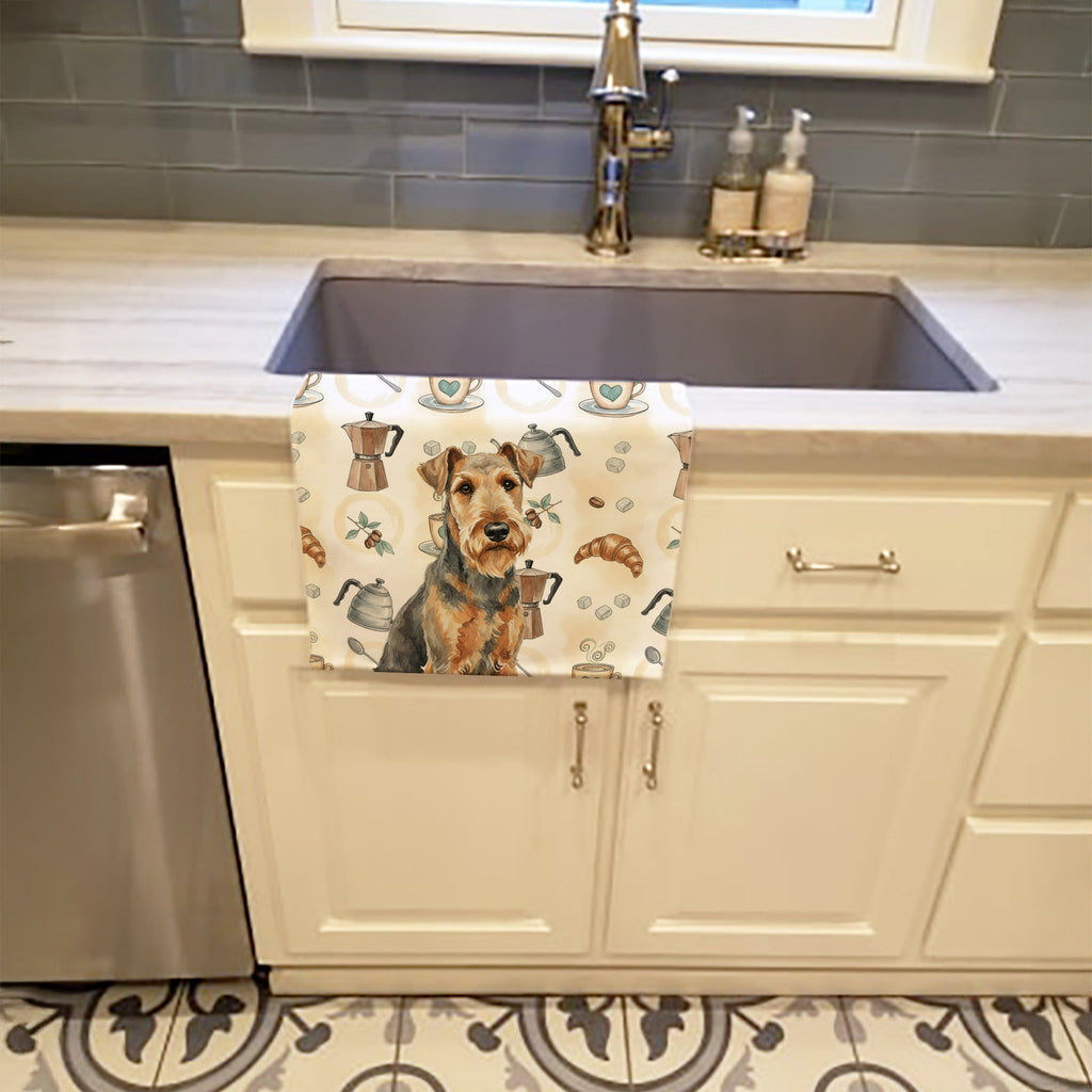 Grizzle Airedale Terrier Coffee Bar Kitchen Towel Velour Plush Front and Cotton Loop Back Machine Washable