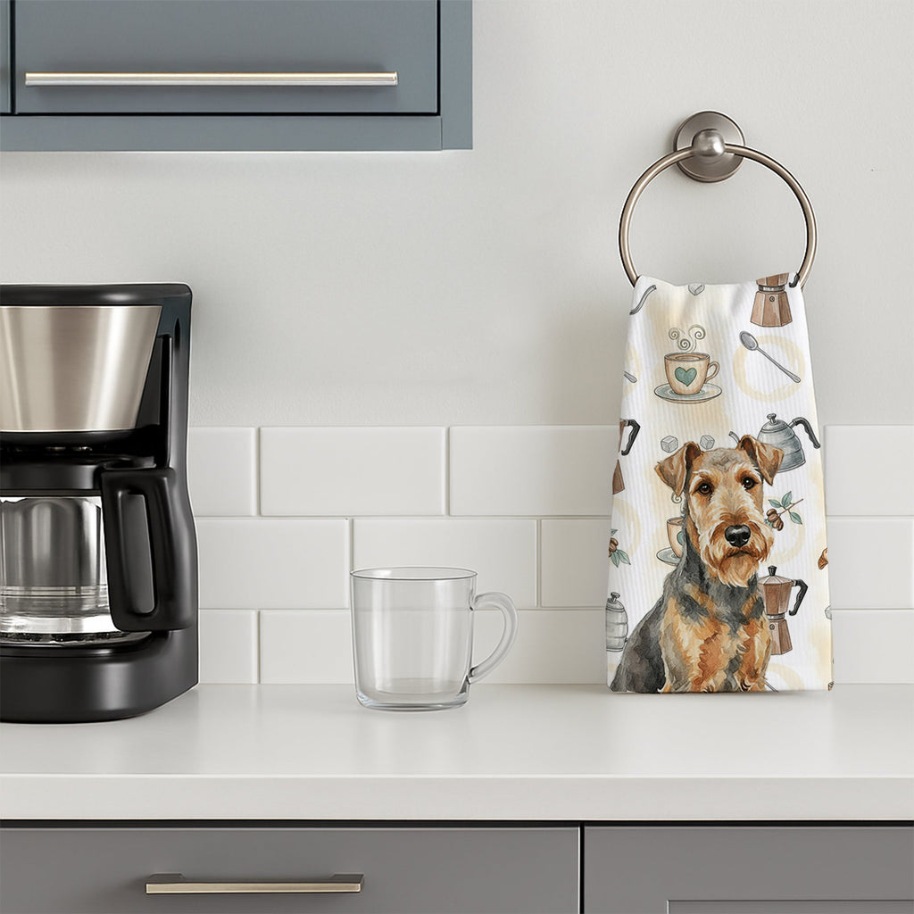 Grizzle Airedale Terrier Coffee Bar Kitchen Towel Velour Plush Front and Cotton Loop Back Machine Washable