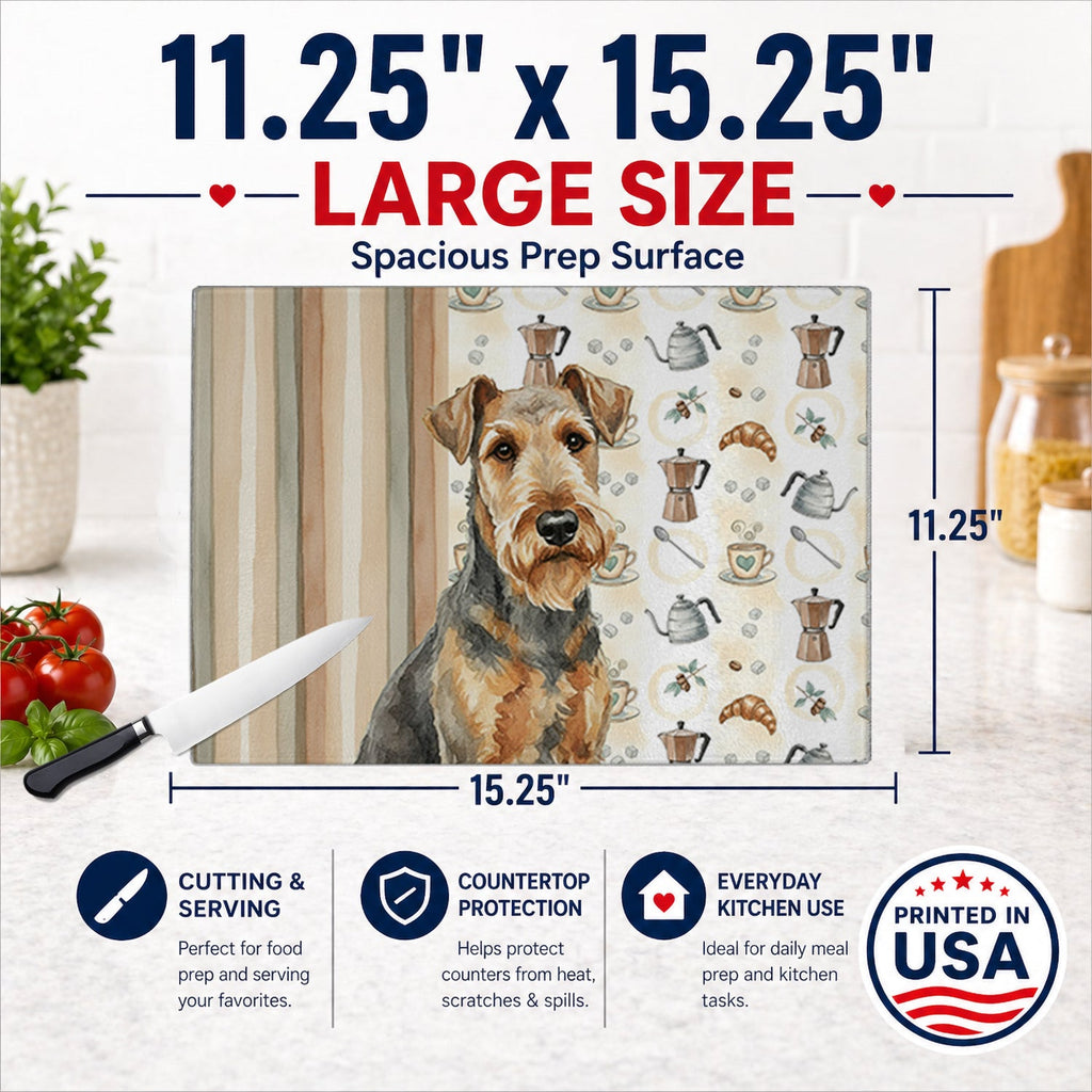 Grizzle Airedale Terrier Coffee Bar Cutting Board Tempered Glass Kitchen Cutting Surface, Heat Resistant Chopping, Non-Slip Feet, Food Prep & Serving