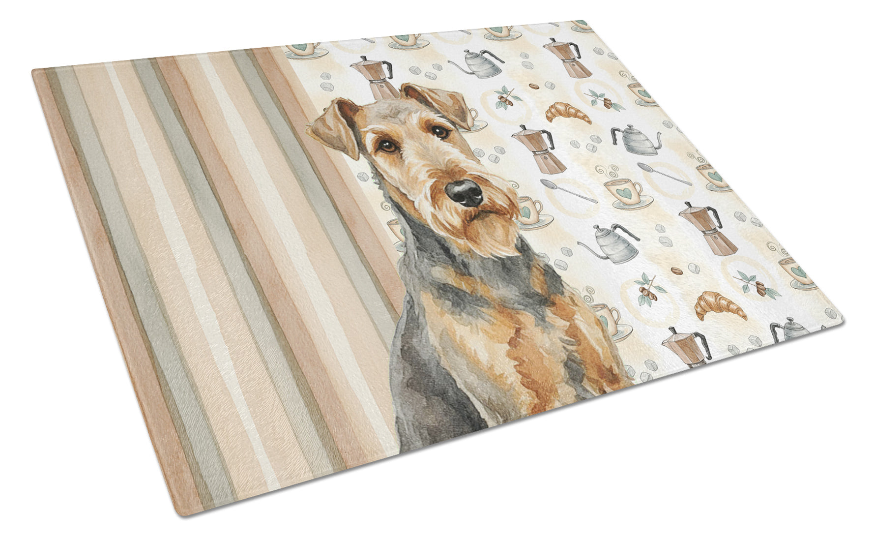 Grizzle Airedale Terrier Coffee Bar Cutting Board Tempered Glass Kitchen Cutting Surface, Heat Resistant Chopping, Non-Slip Feet, Food Prep & Serving