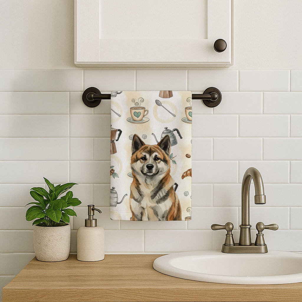 Brindle Akita Coffee Bar Kitchen Towel Velour Plush Front and Cotton Loop Back Machine Washable