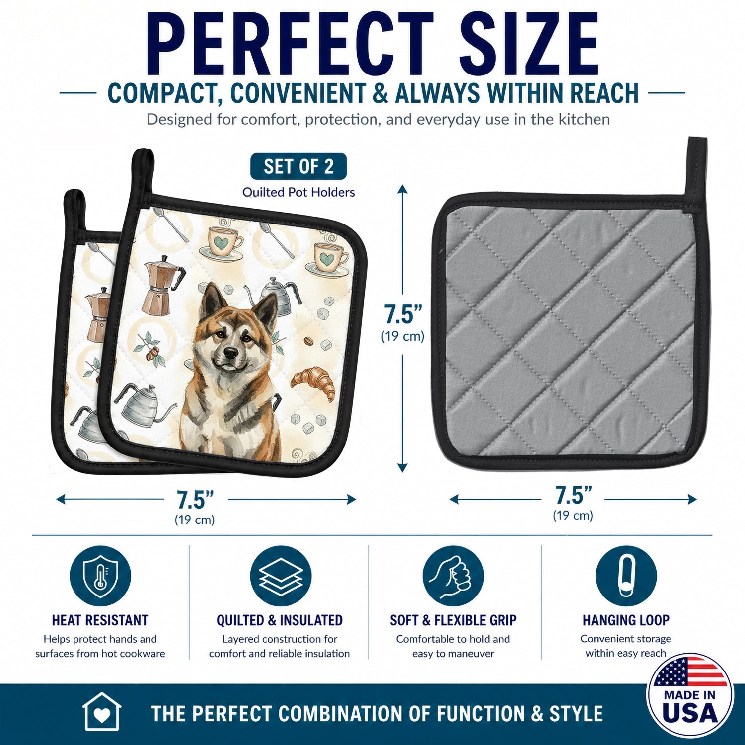Brindle Akita Coffee Bar Pot Holder Set of 2 Heat Resistant Quilted Hot Pads 7.5 x 7.5 Inch, Insulated Kitchen Trivets for Cooking & Baking