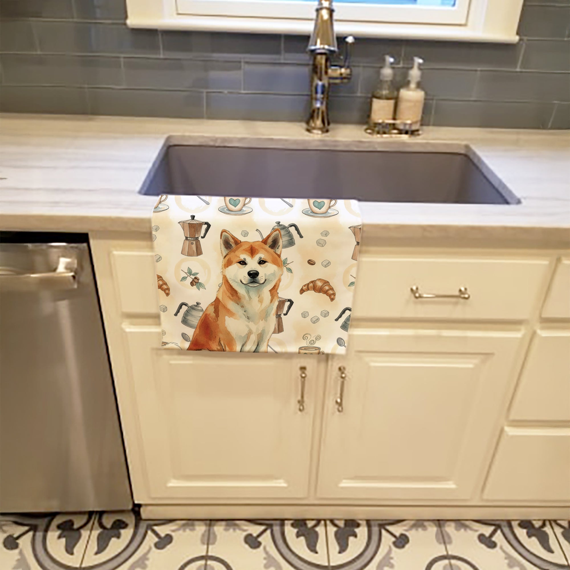 Red Akita Coffee Bar Kitchen Towel Velour Plush Front and Cotton Loop Back Machine Washable