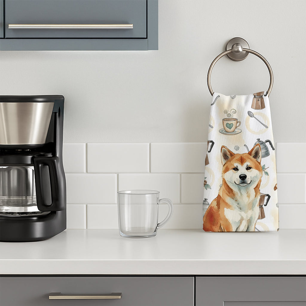 Red Akita Coffee Bar Kitchen Towel Velour Plush Front and Cotton Loop Back Machine Washable