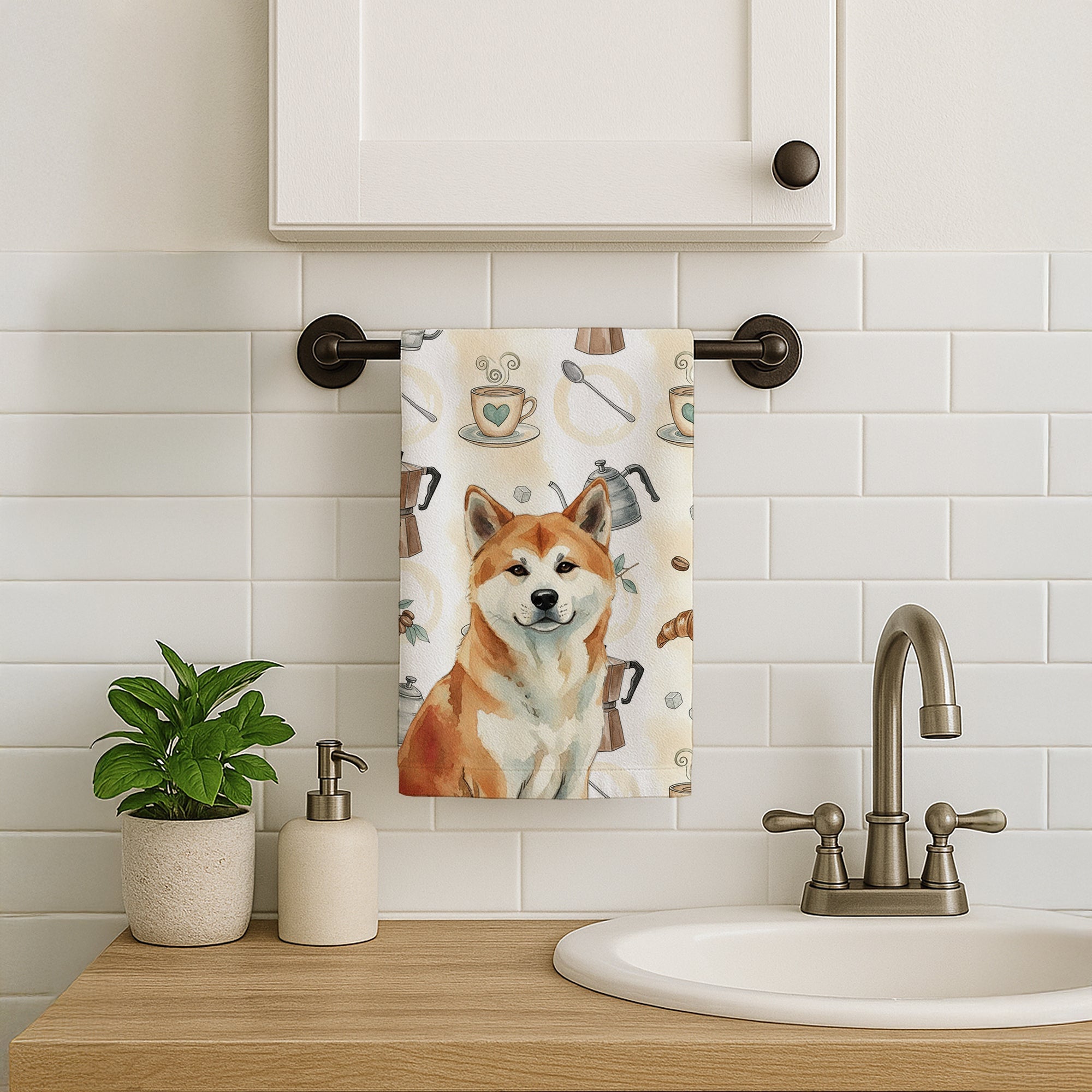Red Akita Coffee Bar Kitchen Towel Velour Plush Front and Cotton Loop Back Machine Washable