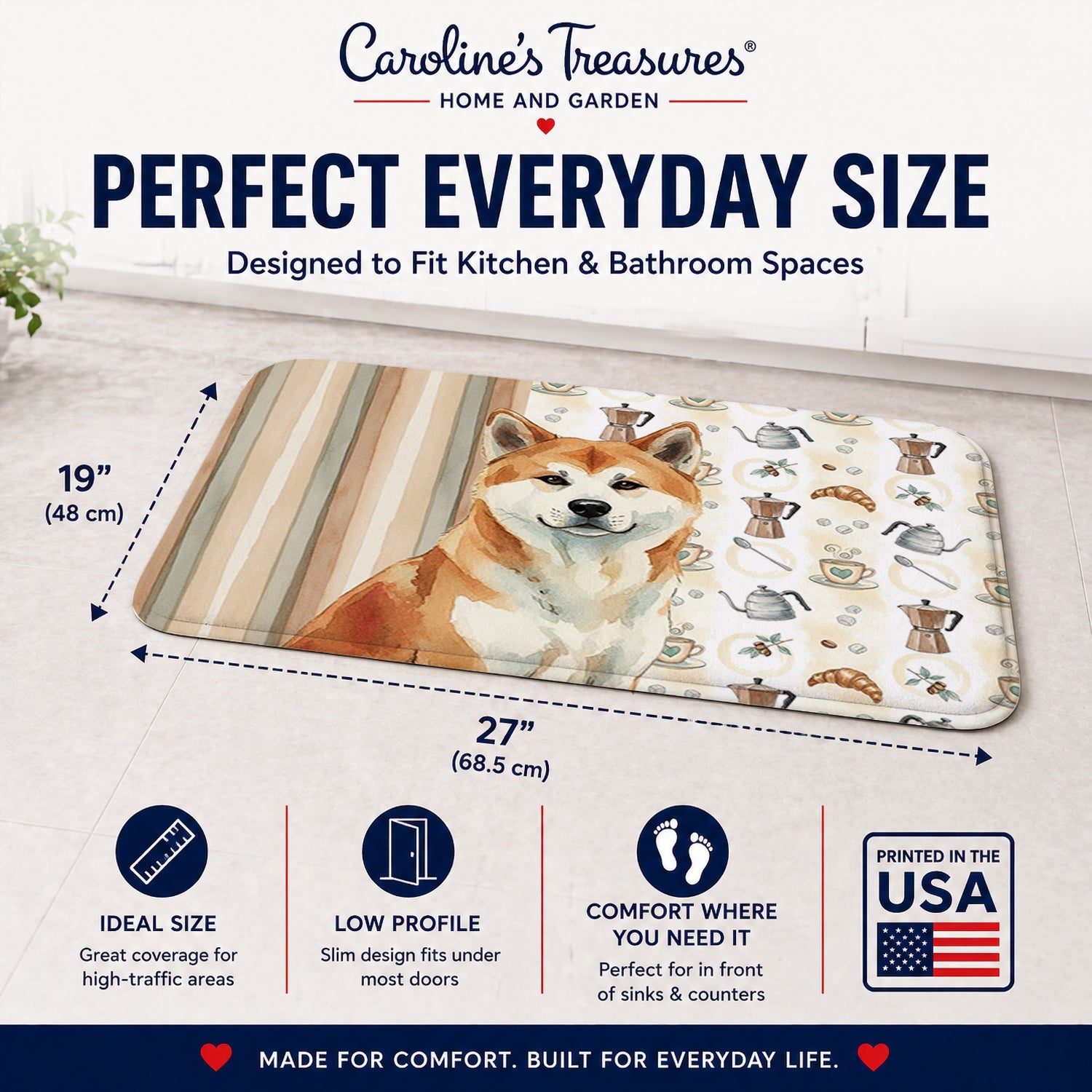 Red Akita Coffee Bar Memory Foam Kitchen Mat Machine Washable Anti-Fatigue Cushion Comfort Bath or Kitchen Rug