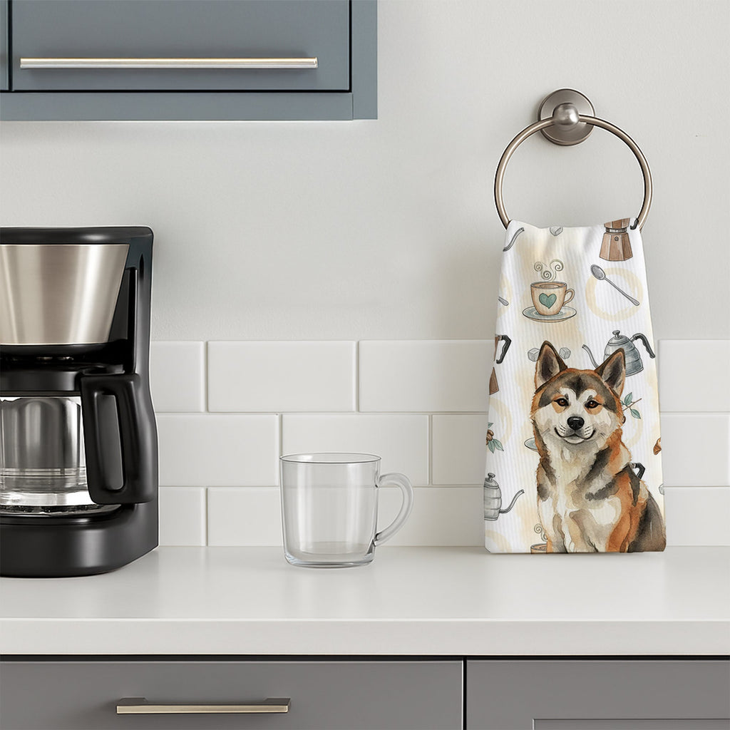 Sesame Akita Coffee Bar Kitchen Towel Velour Plush Front and Cotton Loop Back Machine Washable