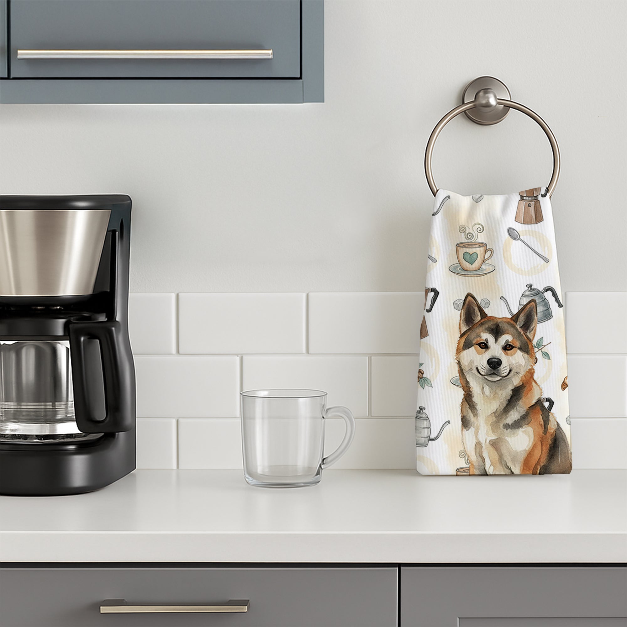 Sesame Akita Coffee Bar Kitchen Towel Velour Plush Front and Cotton Loop Back Machine Washable