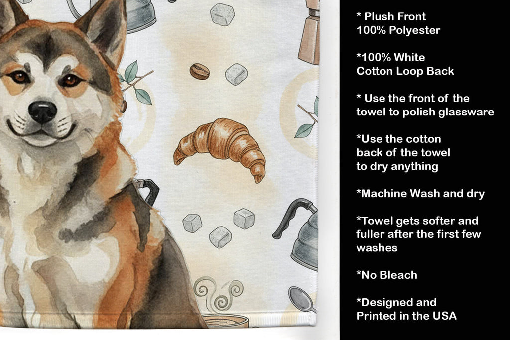 Sesame Akita Coffee Bar Kitchen Towel Velour Plush Front and Cotton Loop Back Machine Washable