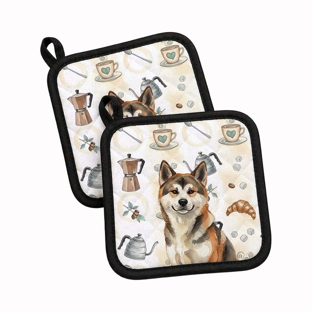 Sesame Akita Coffee Bar Pot Holder Set of 2 Heat Resistant Quilted Hot Pads 7.5 x 7.5 Inch, Insulated Kitchen Trivets for Cooking & Baking