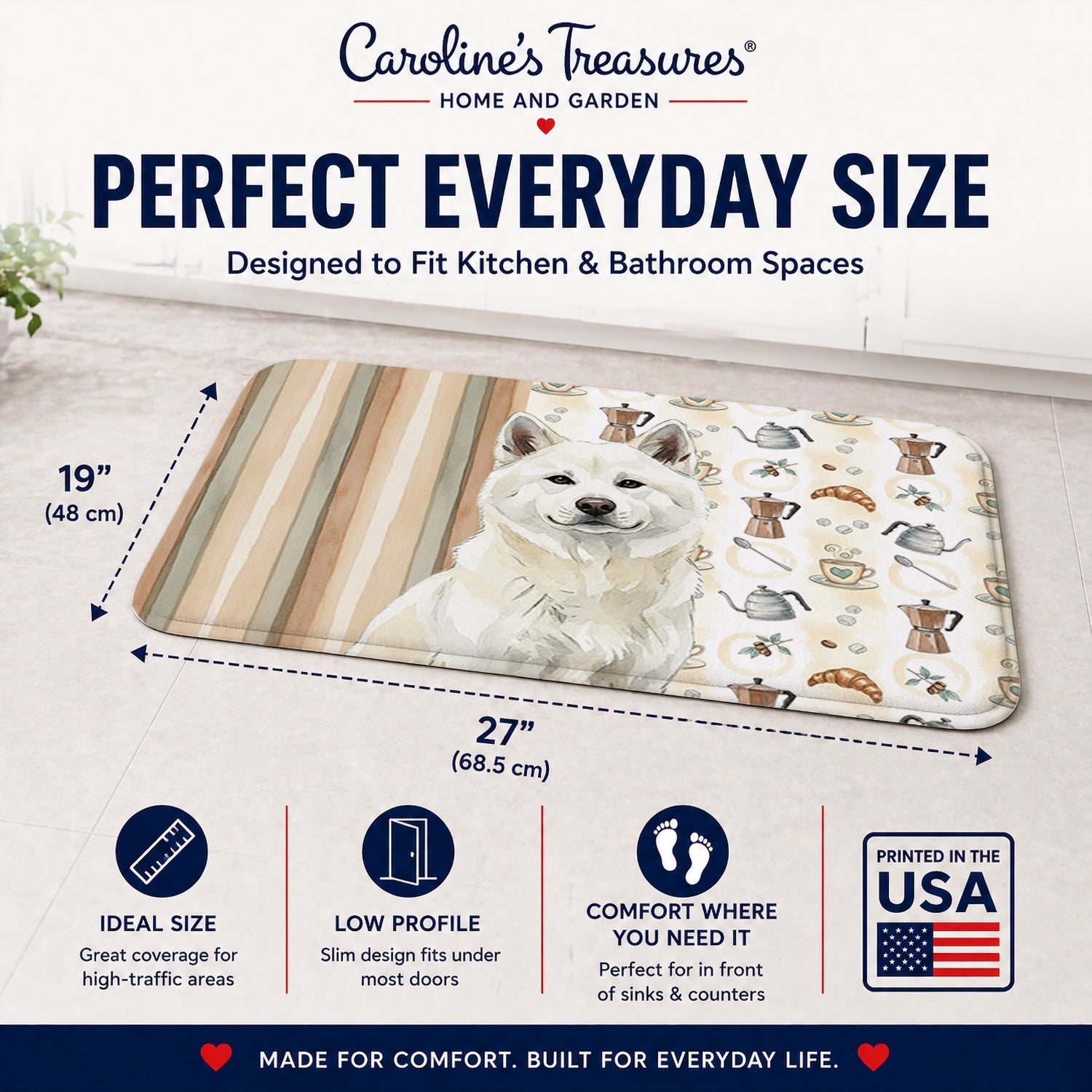 White Akita Coffee Bar Memory Foam Kitchen Mat Machine Washable Anti-Fatigue Cushion Comfort Bath or Kitchen Rug