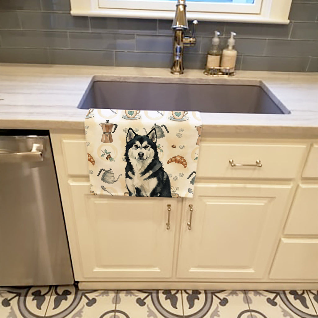 Black and White Alaskan Malamute Coffee Bar Kitchen Towel Velour Plush Front and Cotton Loop Back Machine Washable