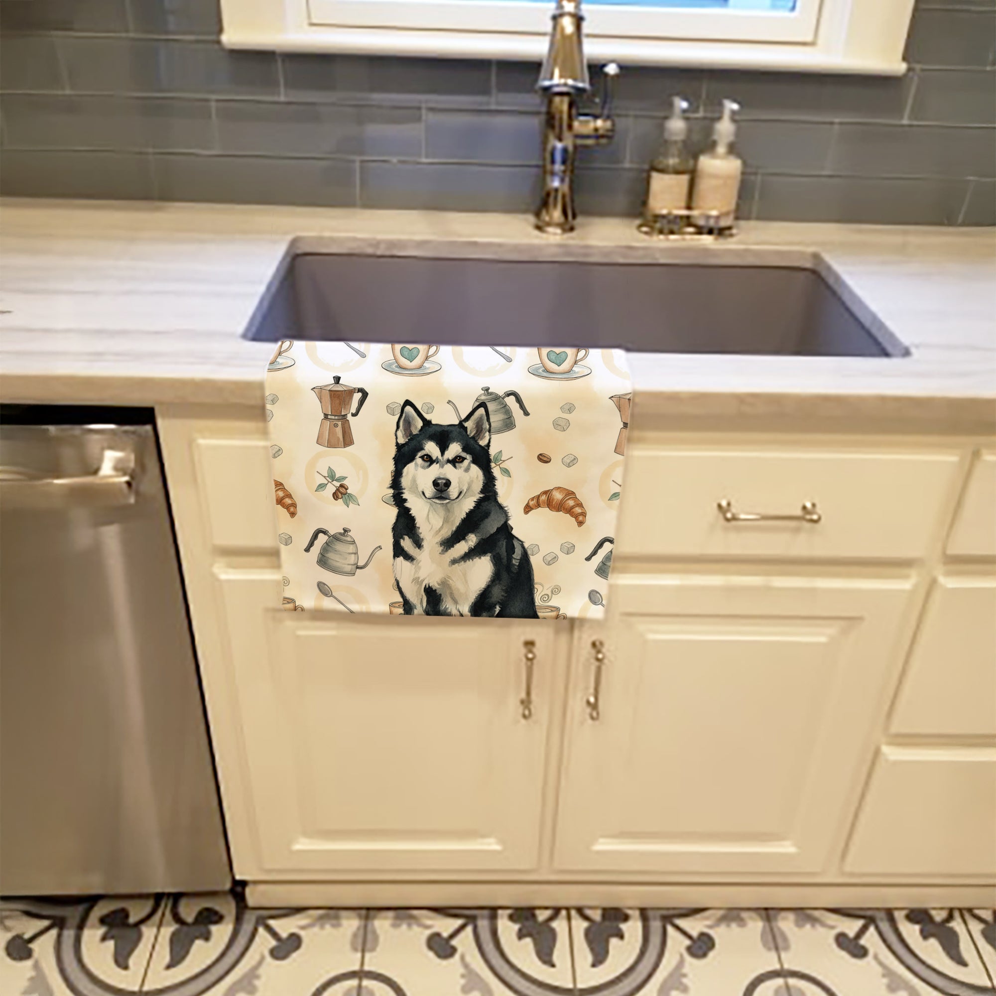 Black and White Alaskan Malamute Coffee Bar Kitchen Towel Velour Plush Front and Cotton Loop Back Machine Washable