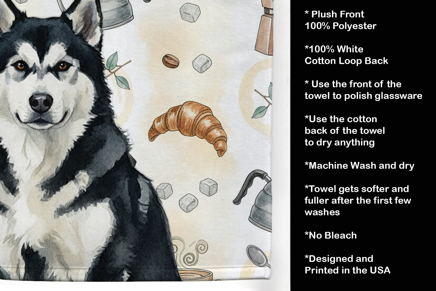 Black and White Alaskan Malamute Coffee Bar Kitchen Towel Velour Plush Front and Cotton Loop Back Machine Washable