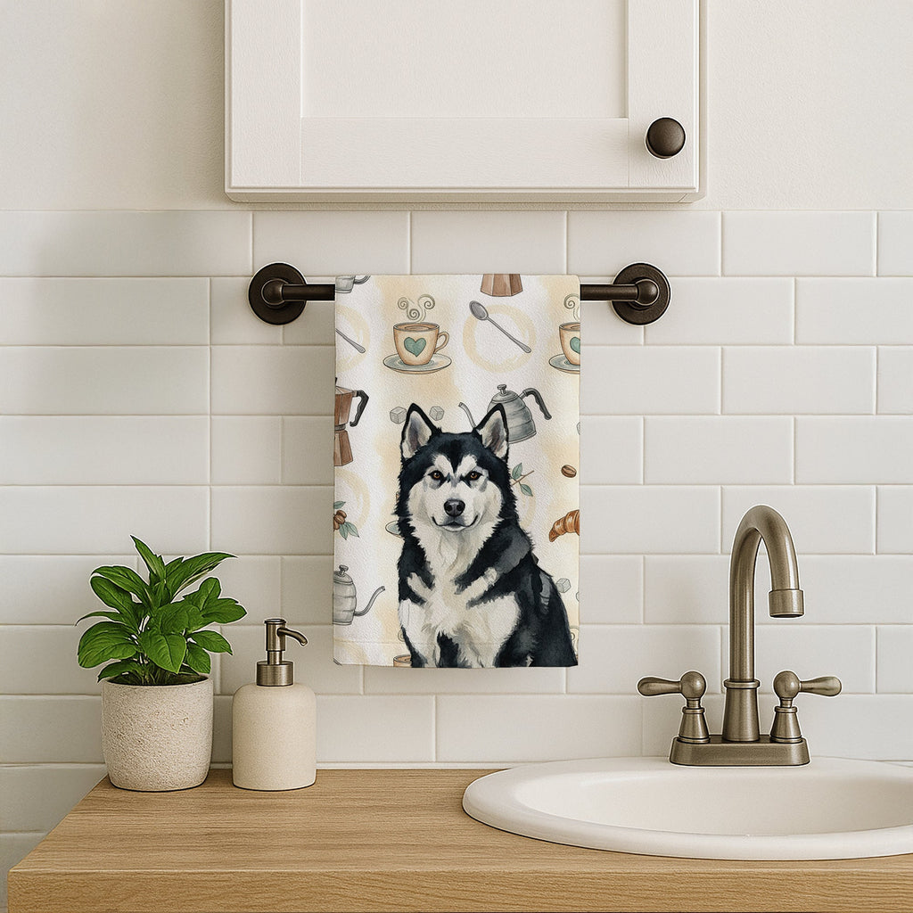 Black and White Alaskan Malamute Coffee Bar Kitchen Towel Velour Plush Front and Cotton Loop Back Machine Washable