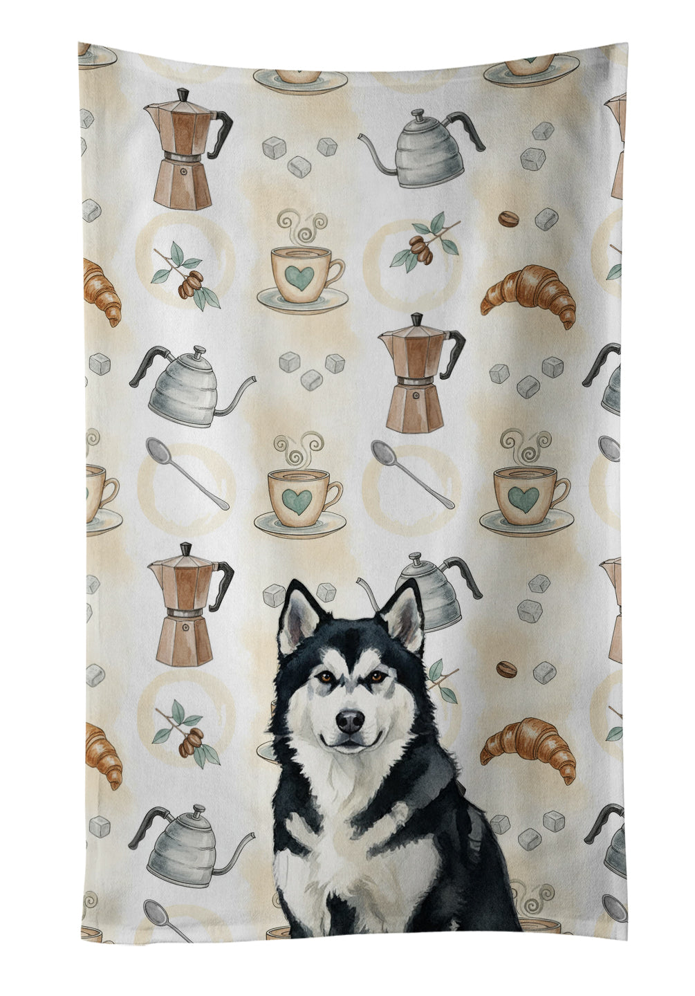 Black and White Alaskan Malamute Coffee Bar Kitchen Towel Velour Plush Front and Cotton Loop Back Machine Washable