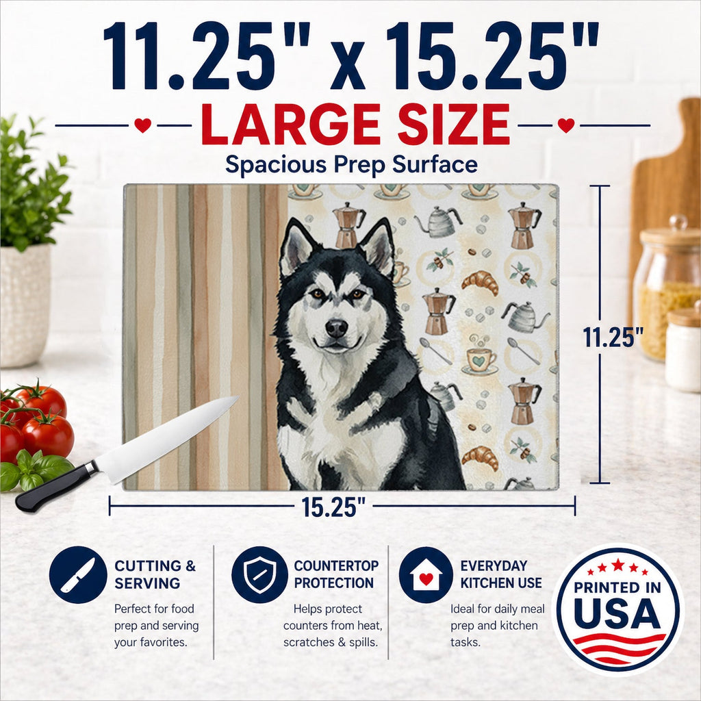 Black and White Alaskan Malamute Coffee Bar Cutting Board Tempered Glass Kitchen Cutting Surface, Heat Resistant Chopping, Non-Slip Feet, Food Prep & Serving