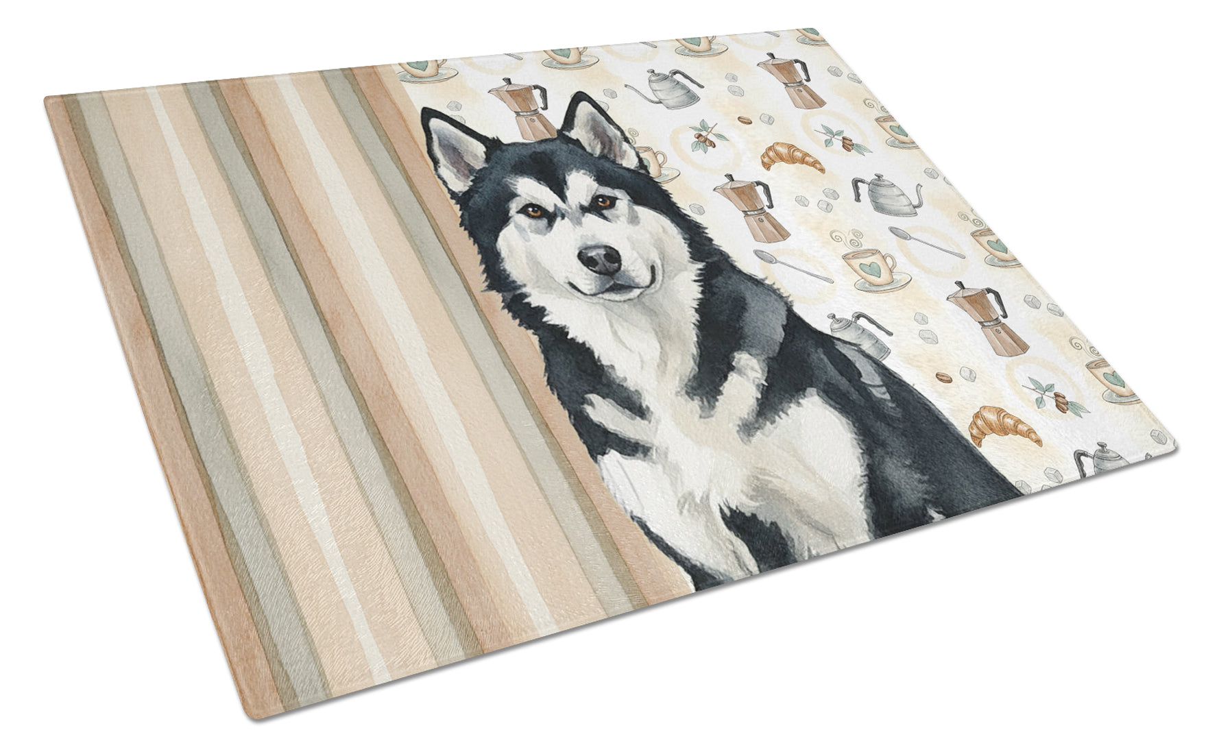 Black and White Alaskan Malamute Coffee Bar Cutting Board Tempered Glass Kitchen Cutting Surface, Heat Resistant Chopping, Non-Slip Feet, Food Prep & Serving