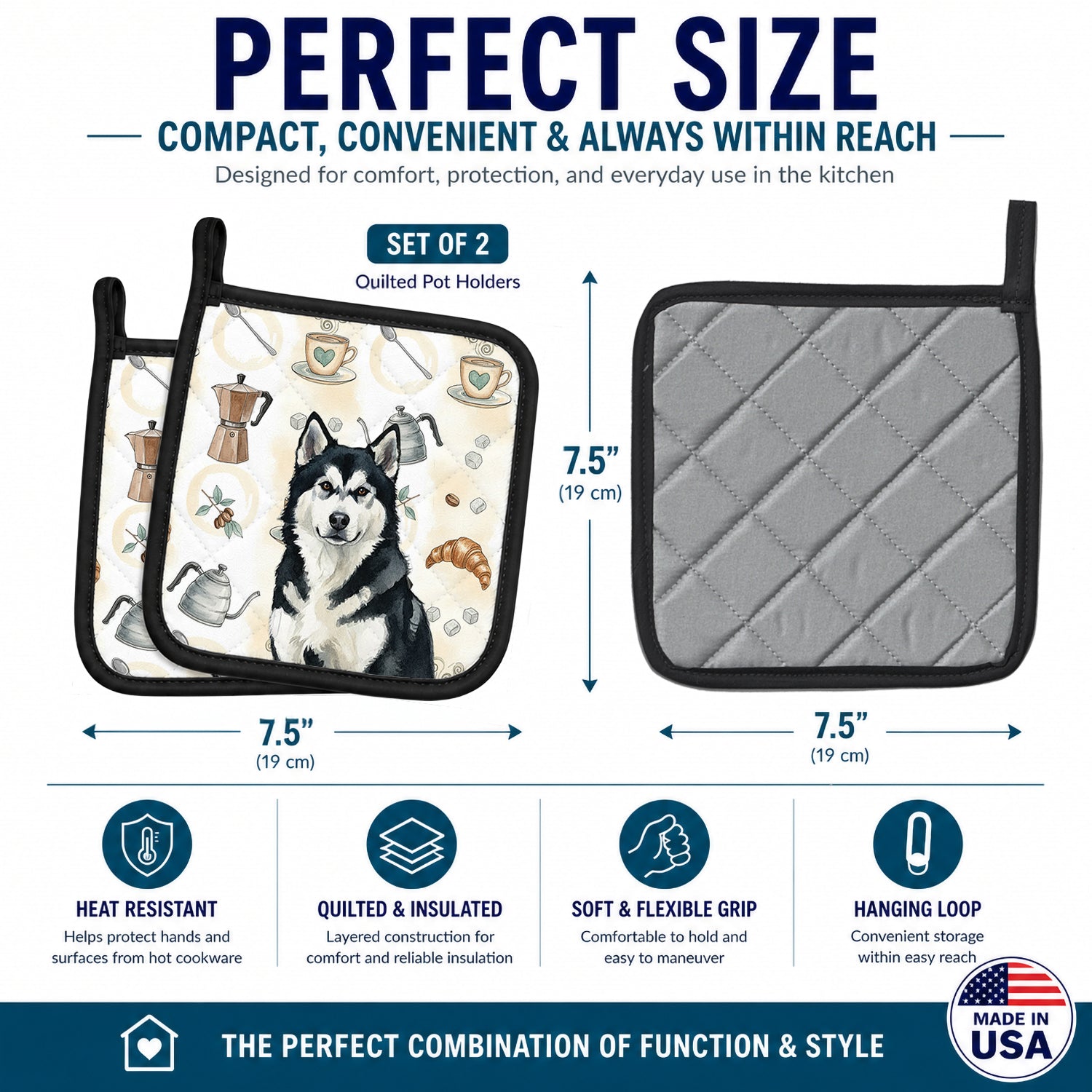 Black and White Alaskan Malamute Coffee Bar Pot Holder Set of 2 Heat Resistant Quilted Hot Pads 7.5 x 7.5 Inch, Insulated Kitchen Trivets for Cooking & Baking