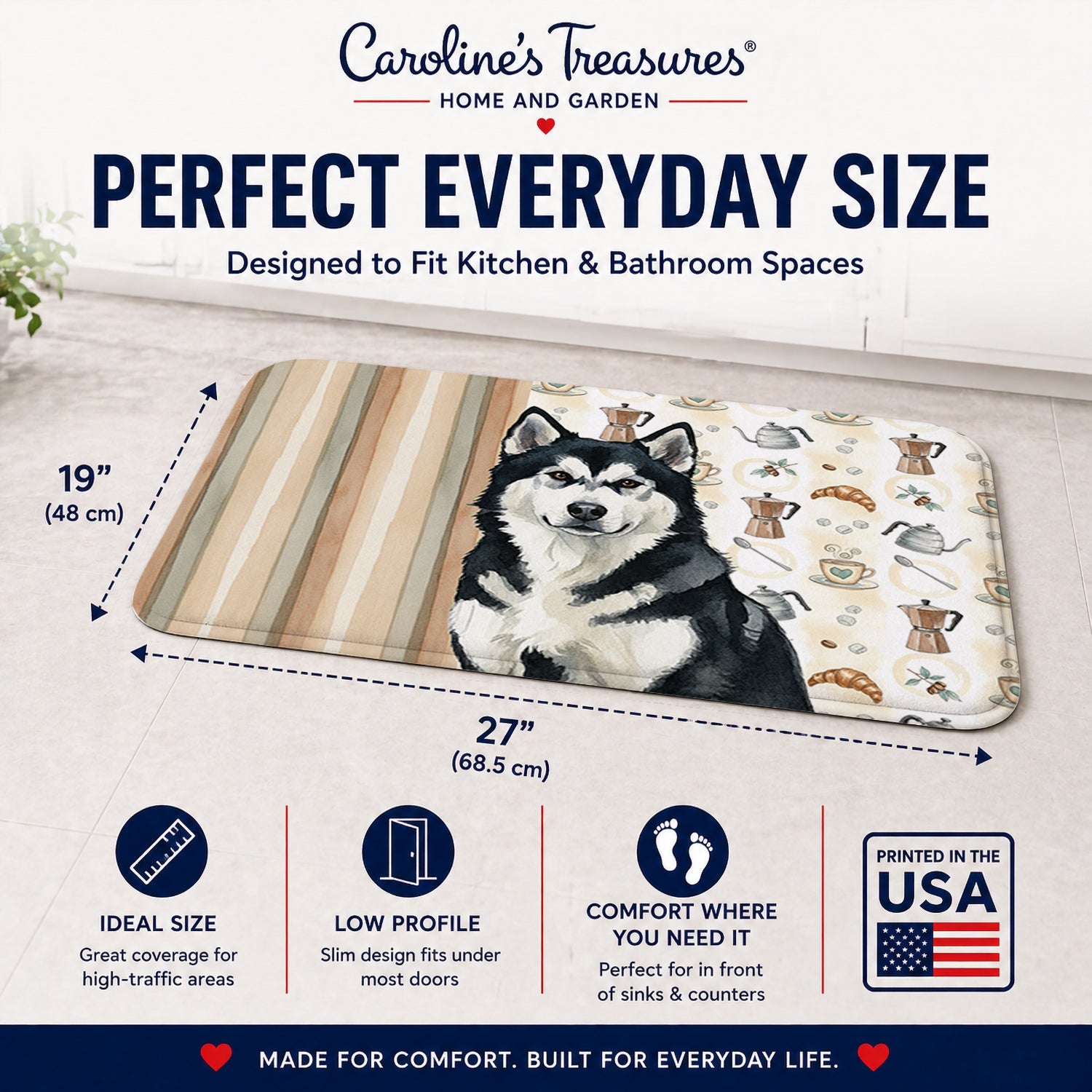 Black and White Alaskan Malamute Coffee Bar Memory Foam Kitchen Mat Machine Washable Anti-Fatigue Cushion Comfort Bath or Kitchen Rug