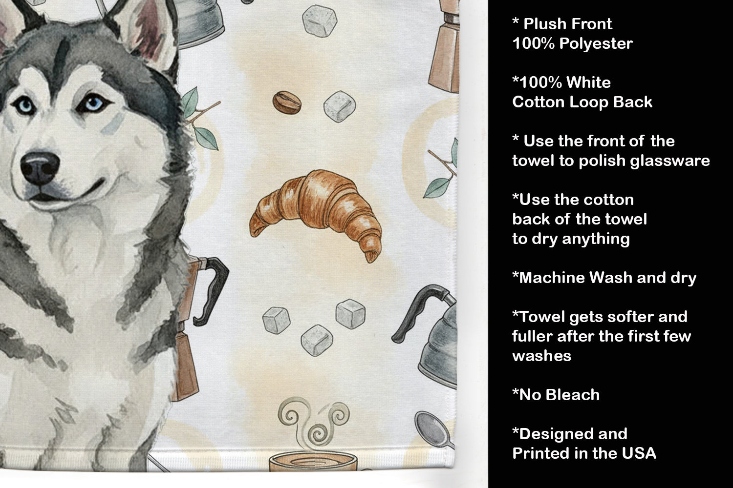 Gray and White Alaskan Malamute Coffee Bar Kitchen Towel Velour Plush Front and Cotton Loop Back Machine Washable