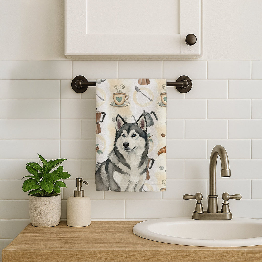 Gray and White Alaskan Malamute Coffee Bar Kitchen Towel Velour Plush Front and Cotton Loop Back Machine Washable